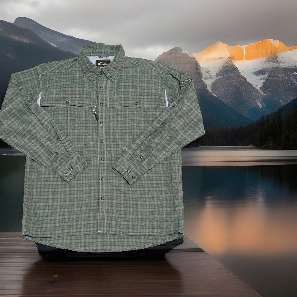 Drake Clothing Co Shirt Mens L Green Plaid Vented Long Sleeve Fishing Outdoor
